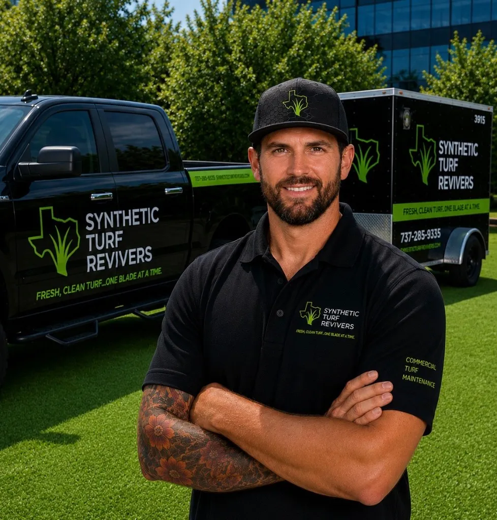 Jay McCollum, founder of Synthetic Turf Revivers, in a branded polo in front of his wrapped truck and trailer