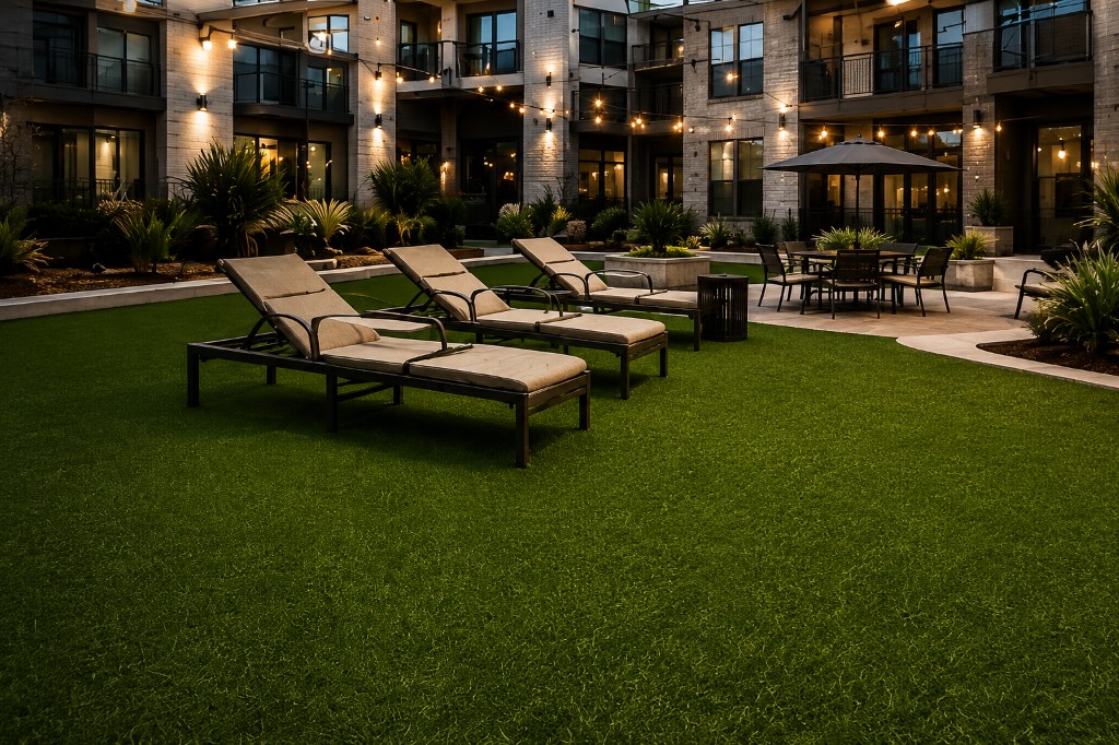 Commercial courtyard with lounge seating on synthetic turf at dusk