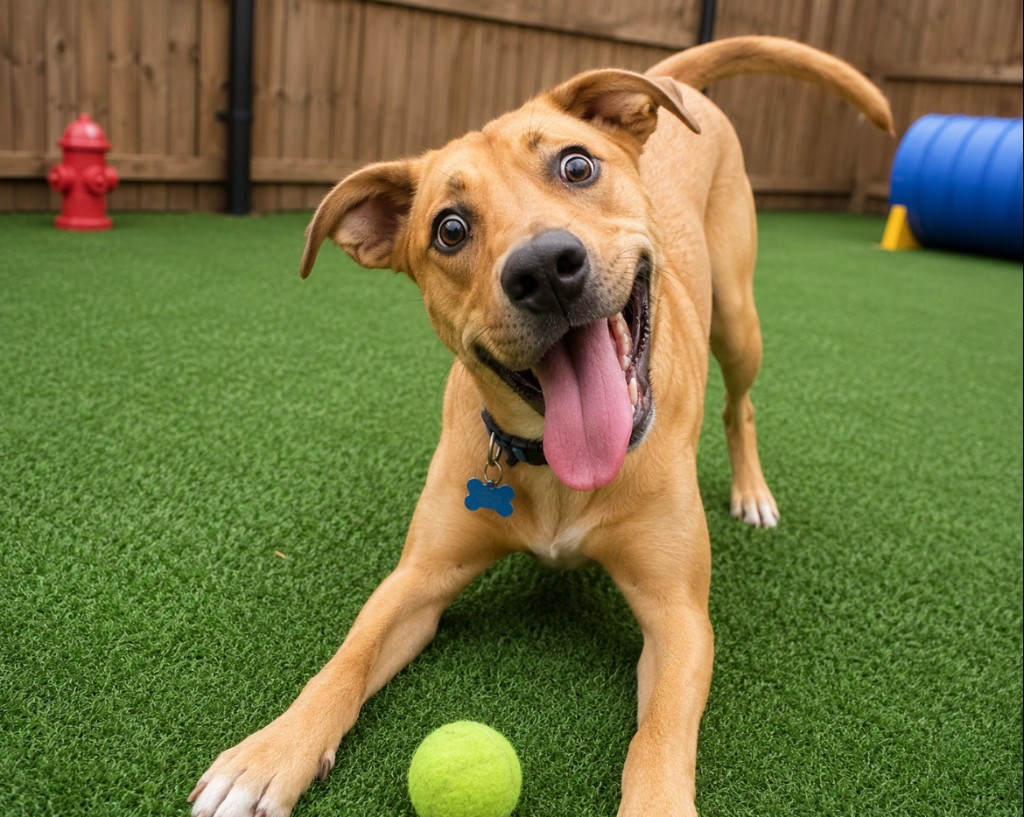 Happy dog in play bow on synthetic turf with a tennis ball