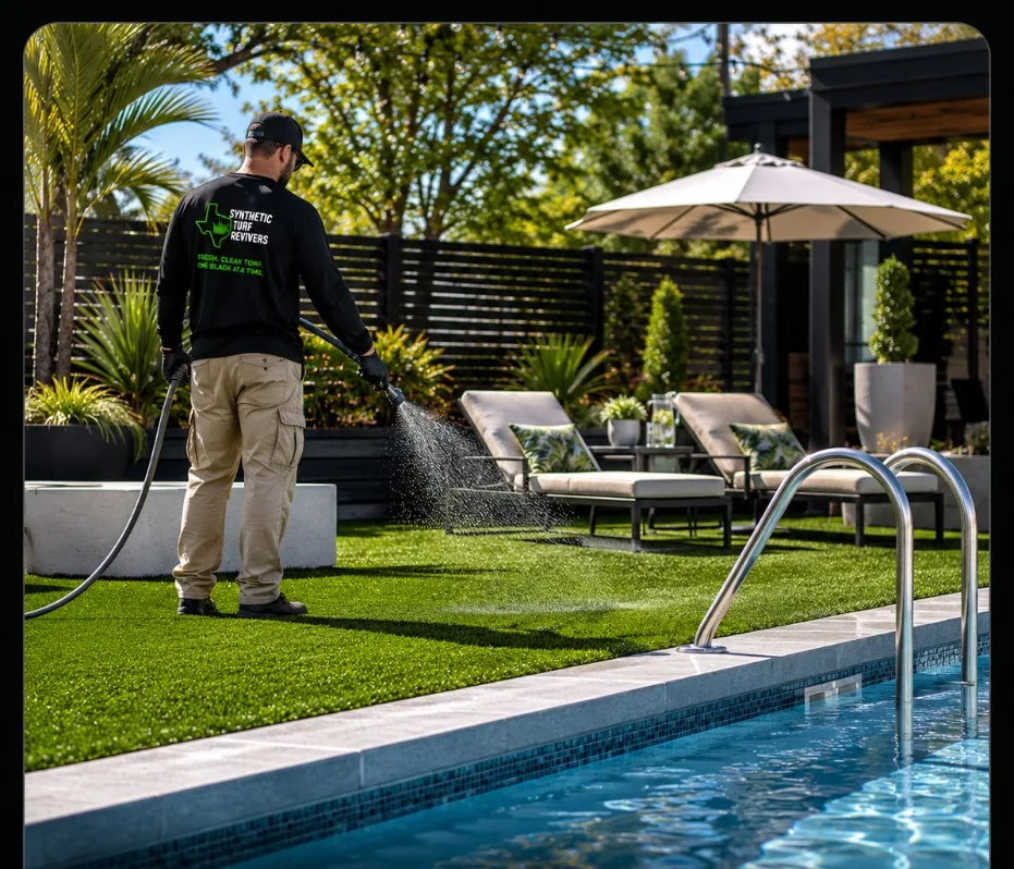 Synthetic Turf Revivers technician finishing a spray treatment on pool-deck synthetic turf
