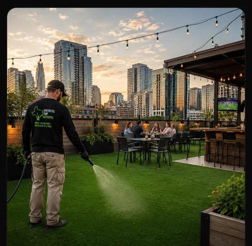 Synthetic Turf Revivers maintaining synthetic turf on a restaurant rooftop patio