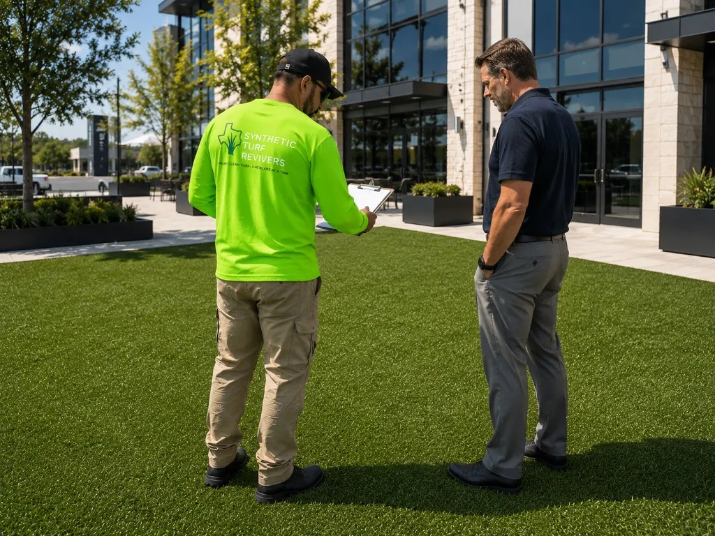 Synthetic Turf Revivers founder and property contact reviewing synthetic turf condition on a commercial property